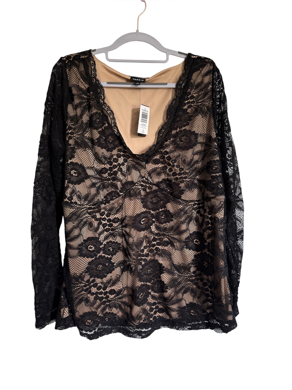torrid Black Lace V-Neck Long Sleeve Blouse with Nude Lining